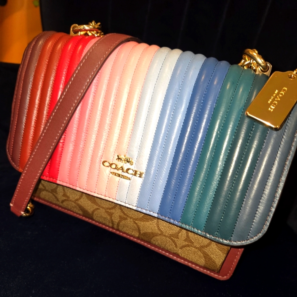 Coach Klare Crossbody With Rainbow Linear Quilting, Khaki Candy Pink Multi C1446